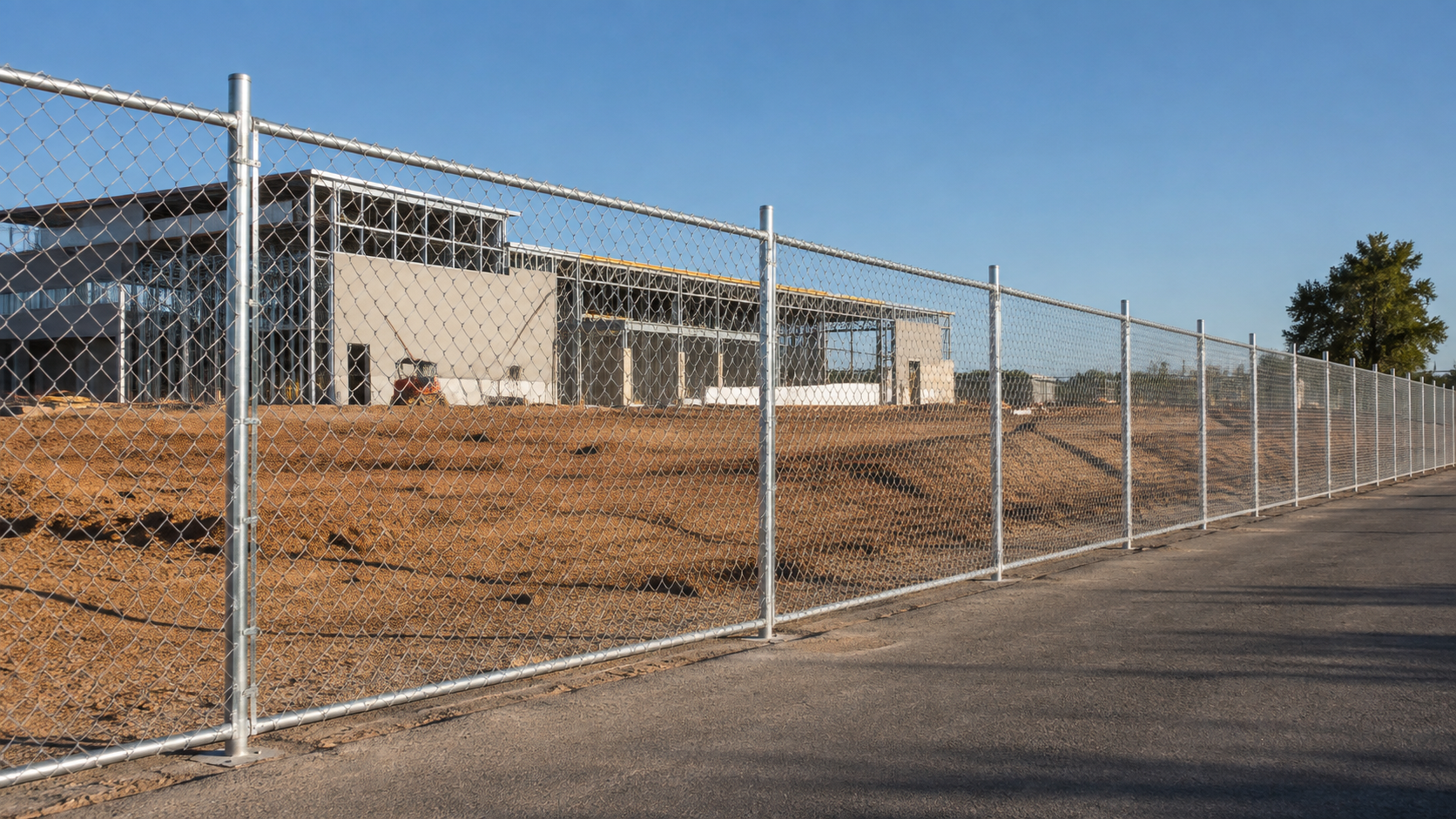 Driven temporary chain-link fence securing a construction perimeter