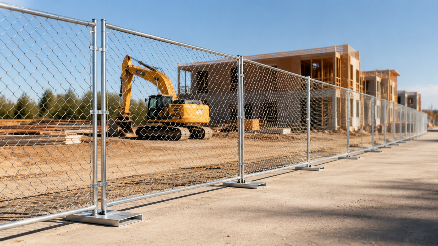 Temporary chain-link fence panels securing an active construction site