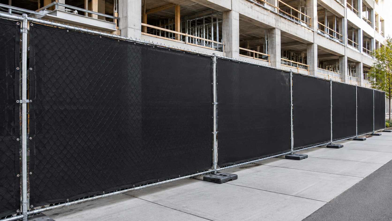 Black privacy screen installed on temporary construction fence panels