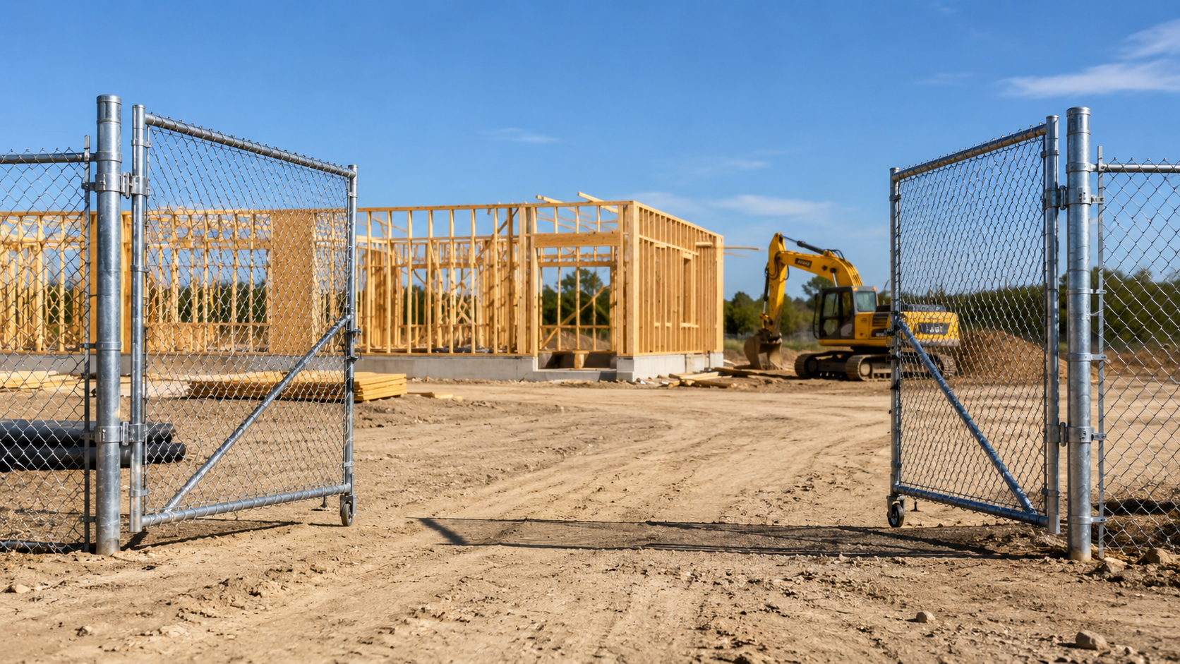 Open temporary chain-link construction gate at a jobsite entrance